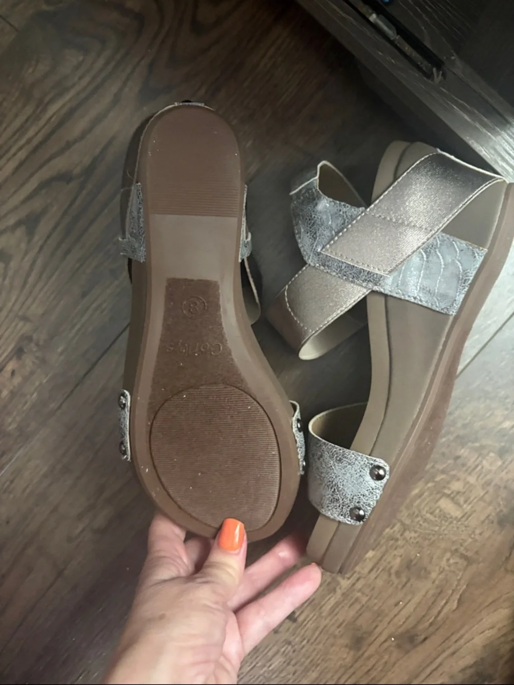 Boutique by Corkys Metallic Taupe Two-Strap Sandals